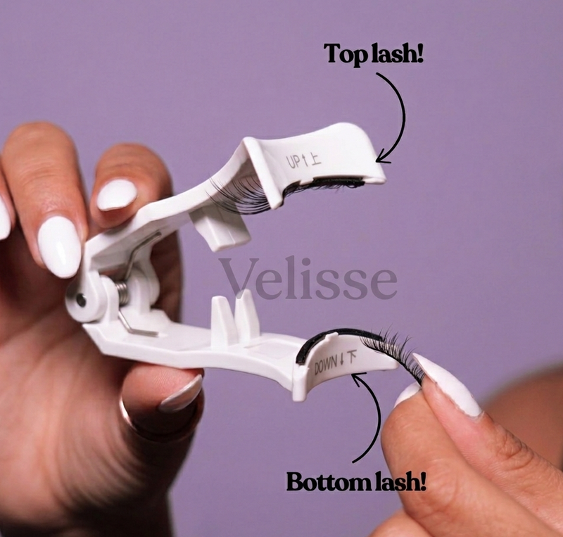 Velisse eyelash applicator with labeled top and bottom lashes on a purple background